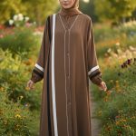 Sporty Chic Striped Abaya – Brown | Elastic Cuffs + Free Flower