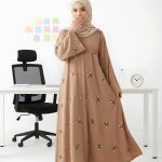 Stylish Beige Embroidered Abaya (Open Style) – Full Set + Free Gift