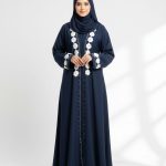 Elegant Navy Blue Pearl-Work Abaya | Floral Border | Free Flower