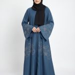 Elegant Slate Blue Bell Sleeve Abaya – Floral Motifs | Free Flower