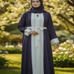 Modern Color-Block Gown Abaya – Purple & White | Free Flower Bunch